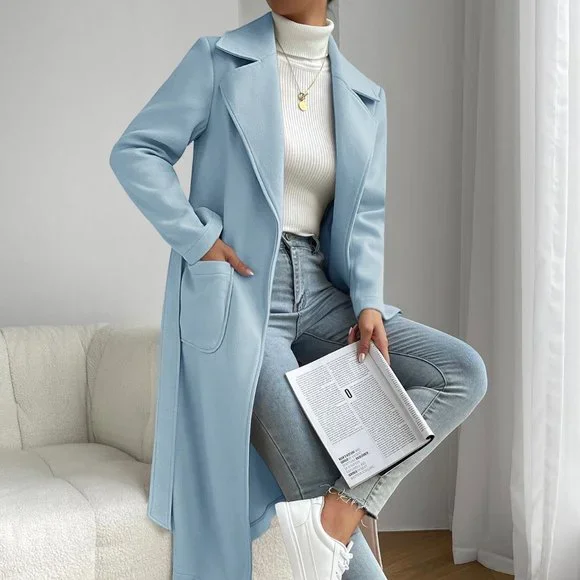 Baby Blue Preppy Womens Lapel Neck Dual Pocket Belted Overcoat - Picture 1 of 5